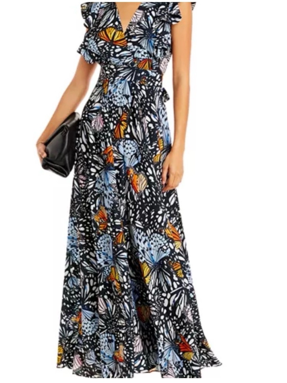 Flutter-Sleeve Butterfly Maxi Dress in Black, Blue & Orange